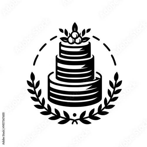 Elegant Tiered Cake Emblem with Wreath. Minimalist Black and White Illustration Icon for Bakery Logo, Wedding, Birthday, Anniversary Celebration Design.