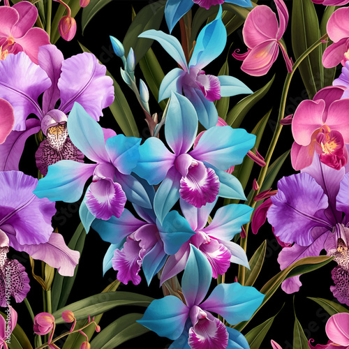 Seamless vector pattern with colorful orchid flowers isolated on a changeable background.