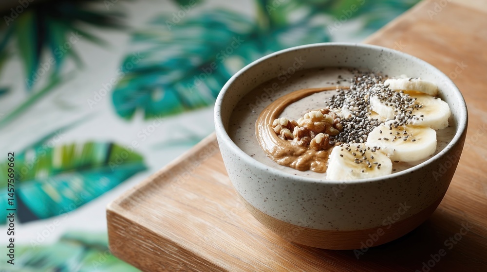 A smoothie bowl topped with sliced banana chia seeds walnuts and a swirl of almond butter resting on a wooden table with a vibrant tropical backdrop.