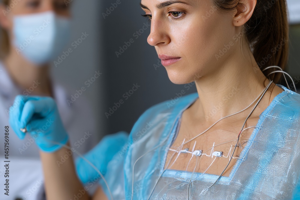 A patient's electrocardiogram is being taken by a doctor during a medical check-up. A patient's electrocardiogram is being taken by a doctor during a medical check-up.