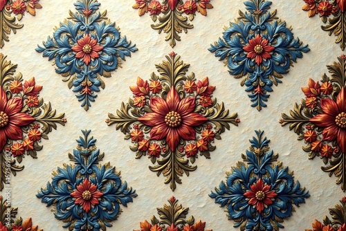 Intricate floral damask pattern on a textured surface, textile, wallpaper