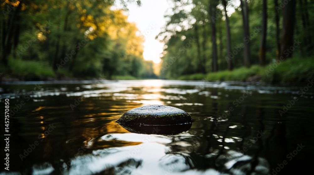 Fototapeta premium Serene river scene at sunset, mossy rock in calm water