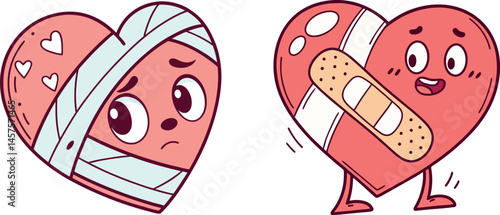 Healing Hearts: A heartwarming depiction of two animated hearts, one bandaged and forlorn, the other mended and filled with joy, symbolizing resilience and recovery after emotional hardship.