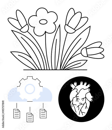 Flowers in bloom showcase natures beauty, a black organic heart symbolizes biology, and cloud gear with documents represents technology. Ideal for contrasts, nature, anatomy, evolution, technology