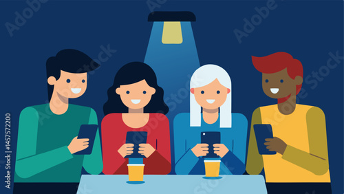 Disconnected Friends A group of friends sitting at a café all looking at their phones instead of engaging with one another with their phones casting a bright light on their faces.