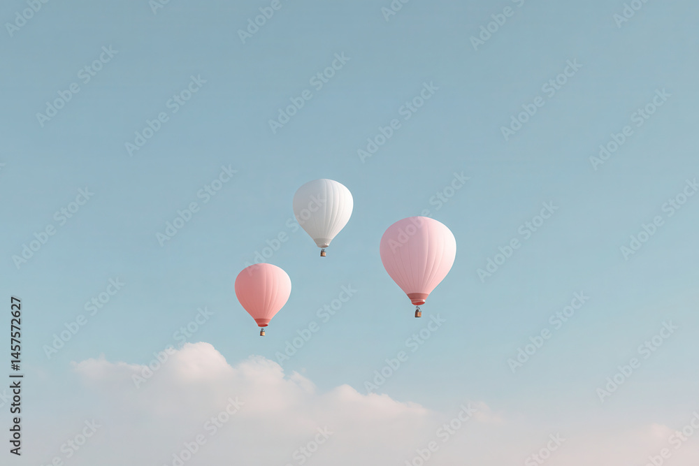 Obraz premium serene scene of colorful hot air balloons floating in clear morning sky surrounded by soft pastel clouds