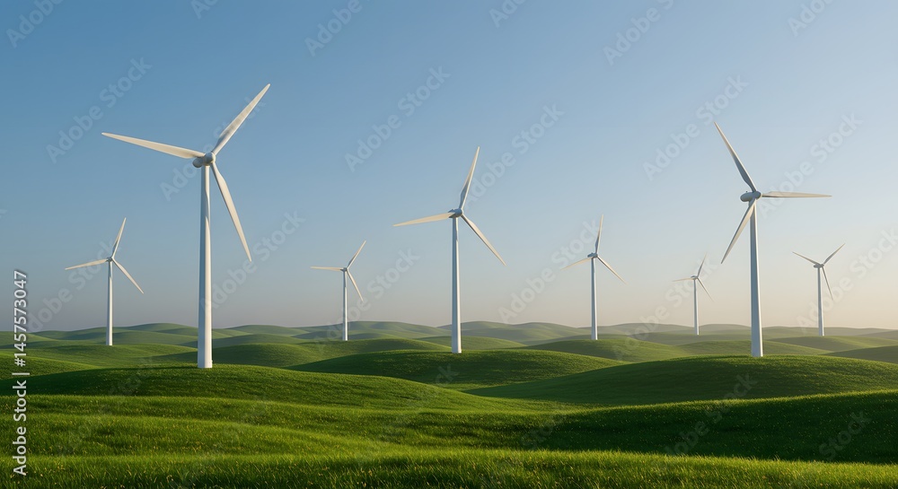A serene landscape featuring wind turbines on rolling green hills under a clear blue sky, captured in ultra-realistic detail with natural lighting A serene landscape featuring wind turbines on rolling green hills under a clear blue sky, captured in ultra-realistic detail with natural lighting