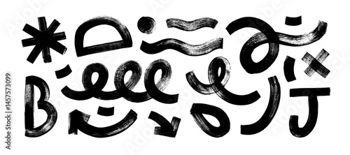 Set of brush drawn organic geometric funky shapes and lines. Squiggles, wavy bold lines, arrow and funky figures.
