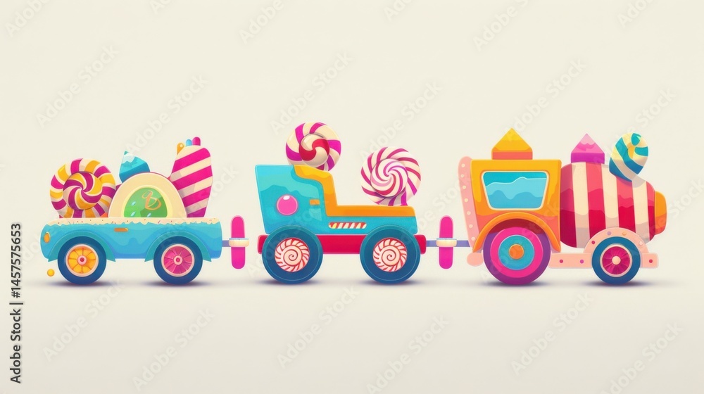 Naklejka premium Candy themed transportation featuring a flat design sweet train cute characters and simple details on a plain background.