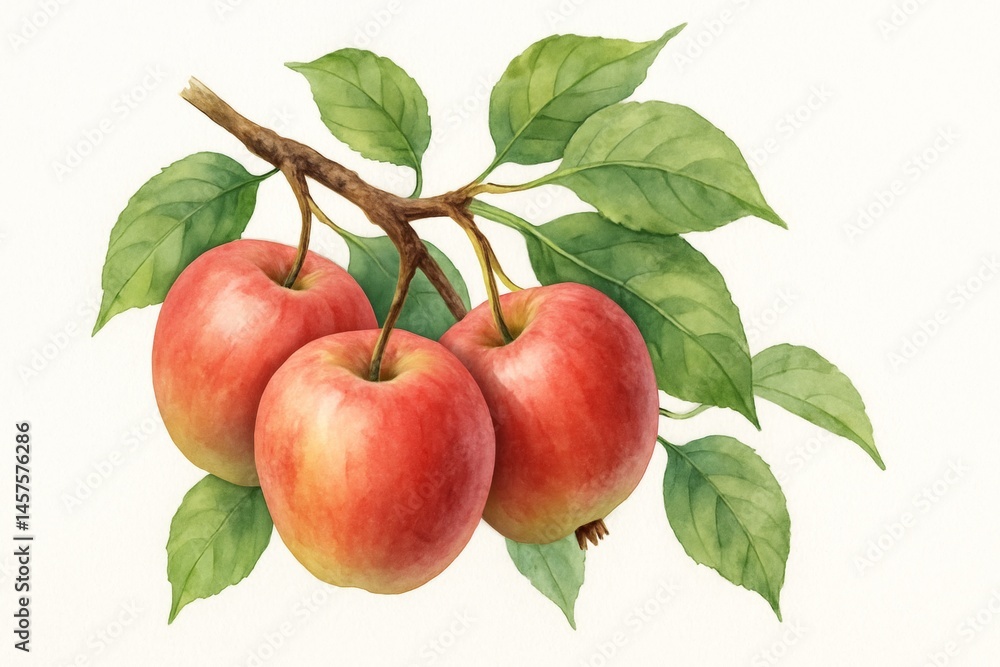 Watercolor painting showcases a branch bearing three ripe red apples amidst lush green leaves, capturing the essence of an orchard in harvest season