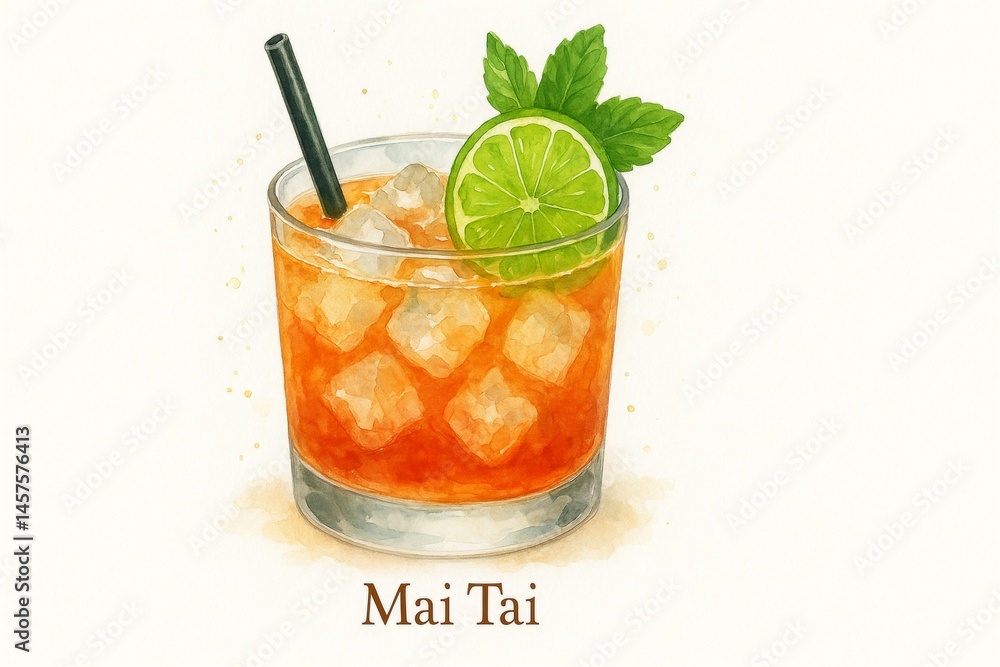 Vibrant watercolor painting capturing a mai tai cocktail, complete with ice cubes, a zesty lime wedge, and fresh mint leaves, evoking a refreshing tropical vibe