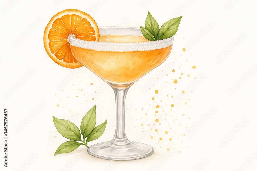 Watercolor painting of an orange cocktail garnished with a slice of orange, basil leaves, and a sugared rim, set against a white background with gold speckles