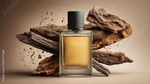 Elegant perfume bottle beautifully framed by rich oud wood, creating a luxurious and aromatic atmosphere for sensory indulgence