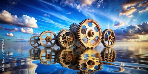 Abstract Gear Reflection: Vibrant Interconnected Gears in Blue Sky & Clouds