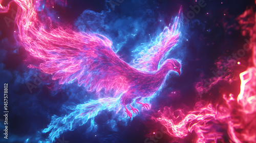 Electric phoenix reborn in fiery neon flames. [Neon Fables] | Static Bards | vibrating song. Illustration