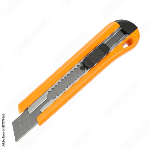Orange box cutter utility knife with partially exposed blade on transparent background