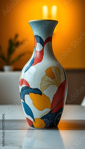 colorful vase sitting on top of a white table
