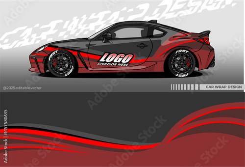 Car Wrap Design. Livery decal car vector with black red white colour. Sticker full body car suitable for racing, rally, drift and daily use
