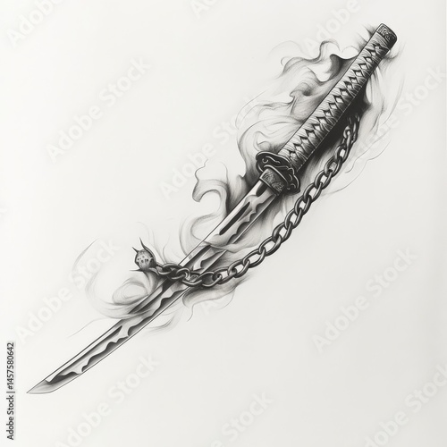 katana, draw, asian, cut, Japan, smoke, black and white, chain, weapon
