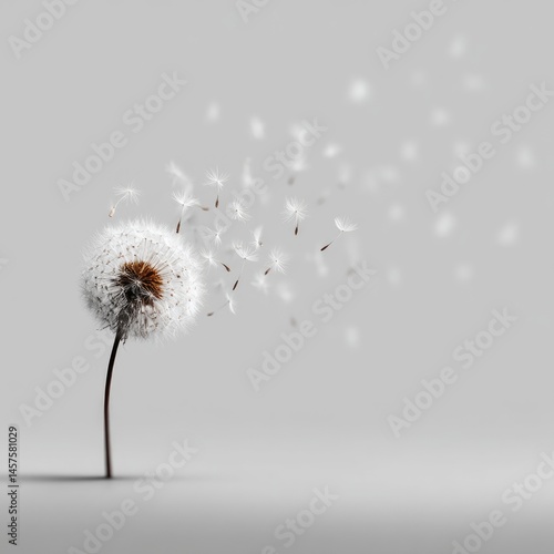 Dandelion Seeds Gently Blowing in the Wind on Gray Background