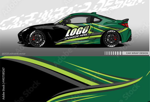 Car Wrap Design. Livery decal car vector with black green colour. Sticker full body car suitable for racing, rally, drift and daily use