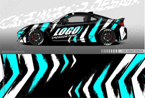 Car Wrap Design. Livery decal car vector with black blue white colour. Sticker full body car suitable for racing, rally, drift and daily use