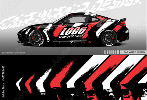 Car Wrap Design. Livery decal car vector with black red white colour. Sticker full body car suitable for racing, rally, drift and daily use