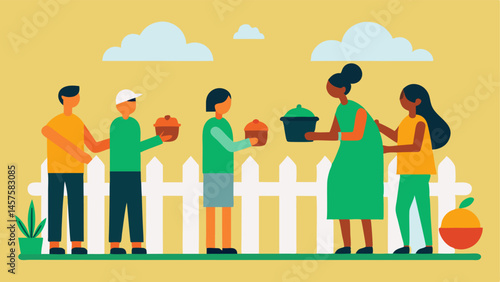 Community Help Neighbors sharing food items over a fence reinforcing the connection and shared resources a those facing food insecurity.