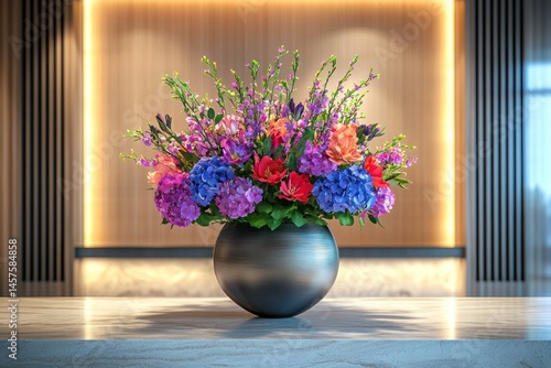 A modern hotel reception desk with a large vase colorful flowers.