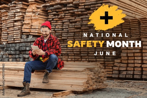 Male carpenter with tablet ...