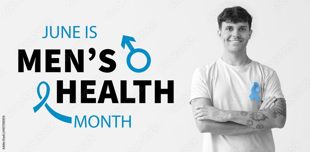 Naklejka premium Young man with blue awareness ribbon on light background. Banner for Men's Health Month