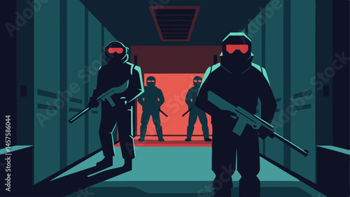 Infiltration Team Two officers silently creeping through a shadowy corridor weapons drawn ready to confront any threats.