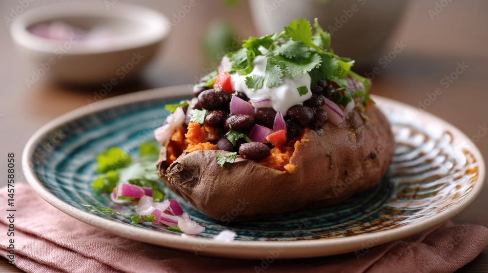 A baked sweet potato stuffed with black beans diced red onion and cilantro topped with a dollop of Greek yogurt and served on a colorful ceramic plate.