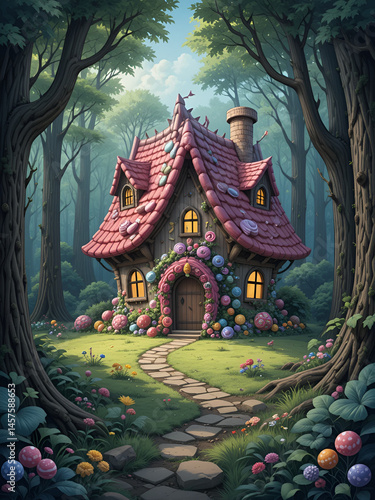 Story book candy house deep in a forest.