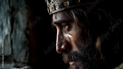 Profile of a solemn king with a golden jeweled crown, gazing pensively from a stone window, illuminated in dim light inside a medieval castle.