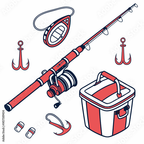 Fishing Tools Set with Rod, Reel, Hooks, and Accessories – Vector Illustration