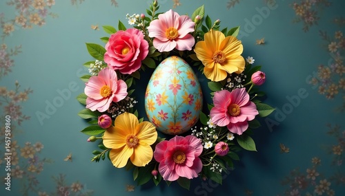 Intricate floral wreath surrounding an easter egg, floral wreath, spring decoration, floral