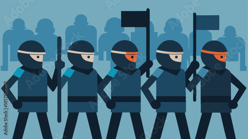 Helmeted Officers A group of officers wearing helmets with visors down marching in unison toward a crowd of people holding signs.