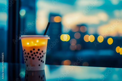 Obraz na płótnie Bubble tea cup with straw standing on glass table against blurry city skyline at dusk, perfect for food visuals, beverage ads, and modern lifestyle promotions w salonie