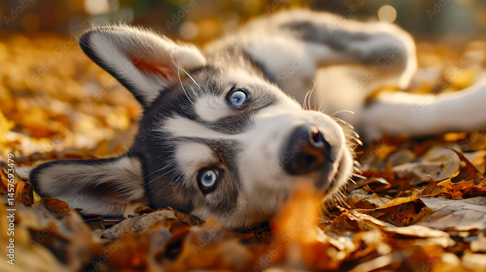 Playful husky puppy rolling happily in dry autumn leaves on forest ground, perfect for pet care promotions, autumn campaigns, and outdoor lifestyle visuals