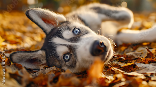Obraz na płótnie Playful husky puppy rolling happily in dry autumn leaves on forest ground, perfect for pet care promotions, autumn campaigns, and outdoor lifestyle visuals w salonie