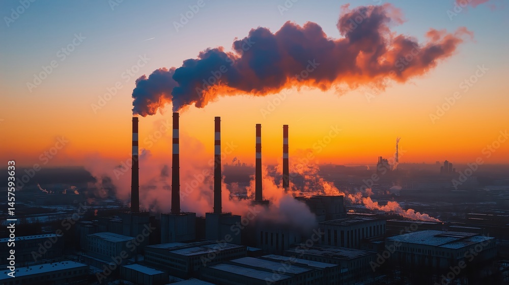 Industrial facility with multiple smokestacks releasing smoke at colorful sunset, perfect for environmental campaigns, industrial impact visuals, and energy sector reports