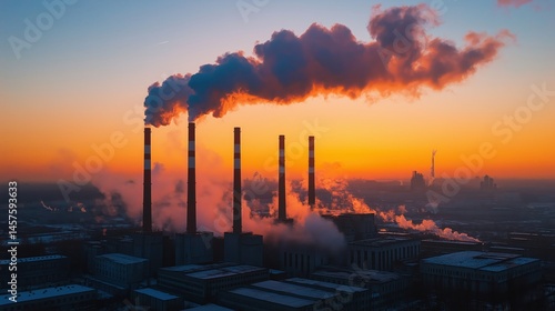 Obraz na płótnie Industrial facility with multiple smokestacks releasing smoke at colorful sunset, perfect for environmental campaigns, industrial impact visuals, and energy sector reports w salonie