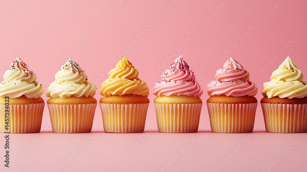 Row of colorful cupcakes with frosting and sprinkles on a pink background. Each cupcake is decorated with a different pastel colored frosting and topped with colorful sprinkles Row of colorful cupcakes with frosting and sprinkles on a pink background. Each cupcake is decorated with a different pastel colored frosting and topped with colorful sprinkles