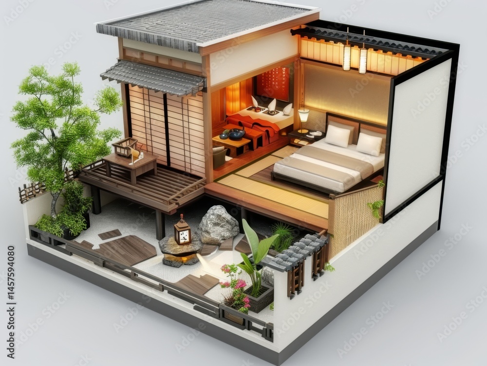 A model of a small house with a bedroom and a balcony. The bedroom has a bed and a nightstand A model of a small house with a bedroom and a balcony. The bedroom has a bed and a nightstand
