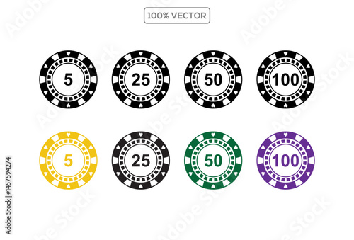 Isolates Poker chips icons vector set. Black Casino poker chip symbol. Gamble graphic elements collection vector