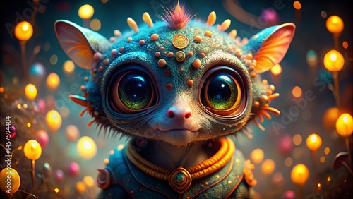 Adorable Alien with Glowing Eyes, Bokeh Background, Fantasy Creature Stock Photo