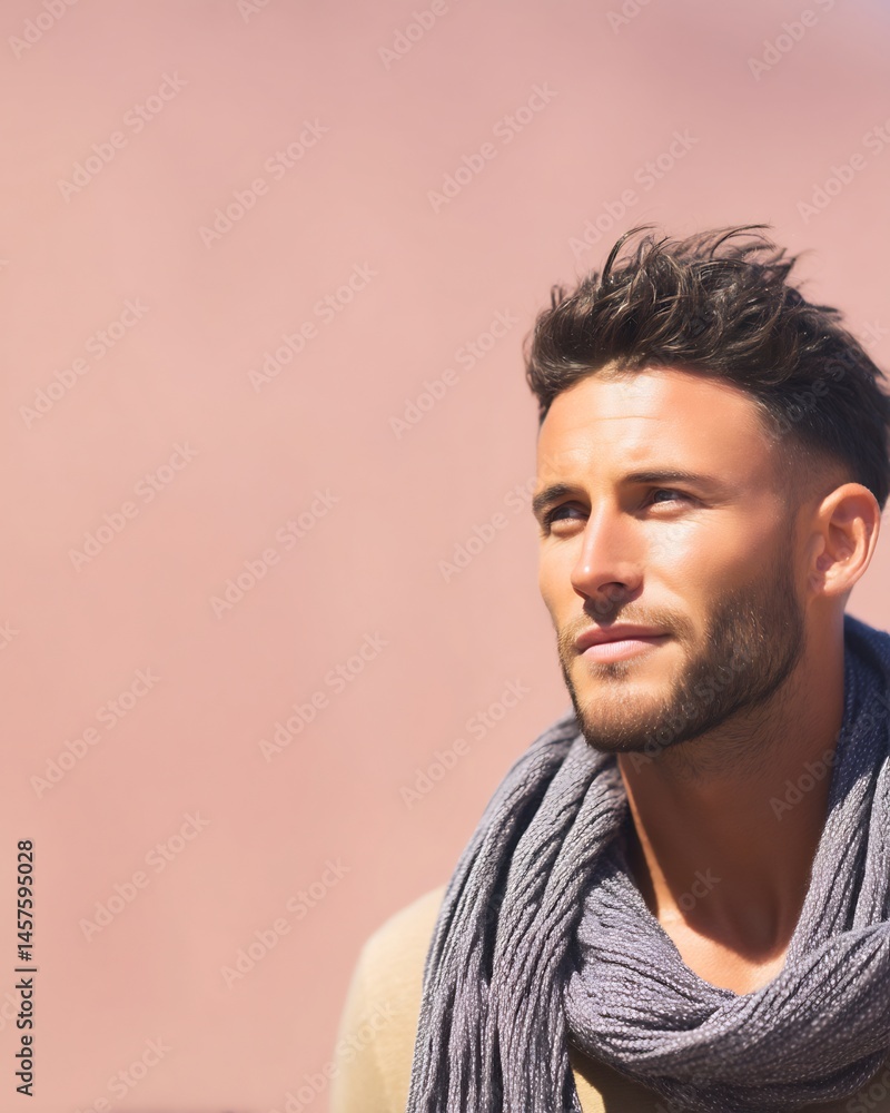 Obraz premium handsome guy in light scarf standing by pastel wall