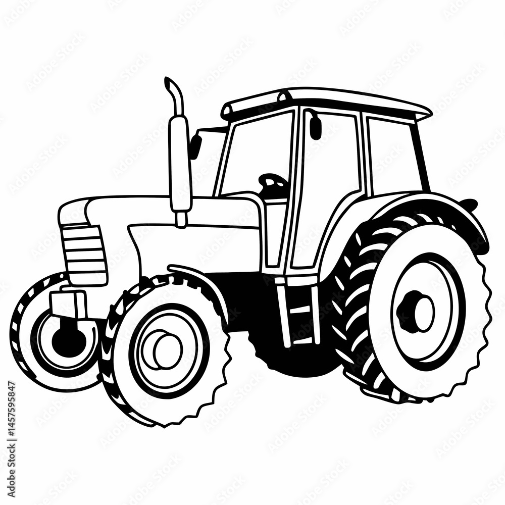 Obraz premium Iconic tractor symbolizing modern agricultural machinery - line art vector illustration in white background