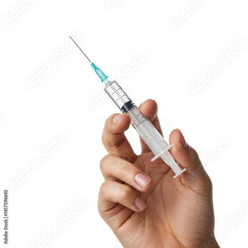 Close-up view of a hand holding a filled medical syringe , representing healthcare and vaccination themes.